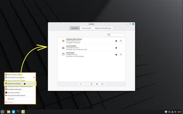 Ansicht Desktop mit Rechtsklick-Menü und geöffnetem Desklets-Verwaltungsfenster