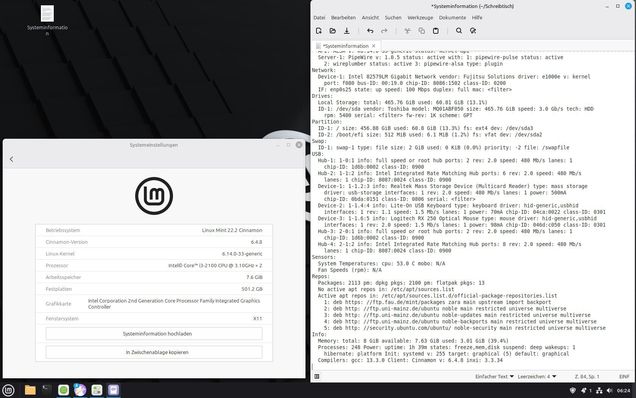 Linux Mint: Ansicht 2 Fenster: Systemeinstellungen links, Texteditor rechts