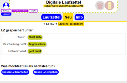 Laufzettel neu Bestätiggung