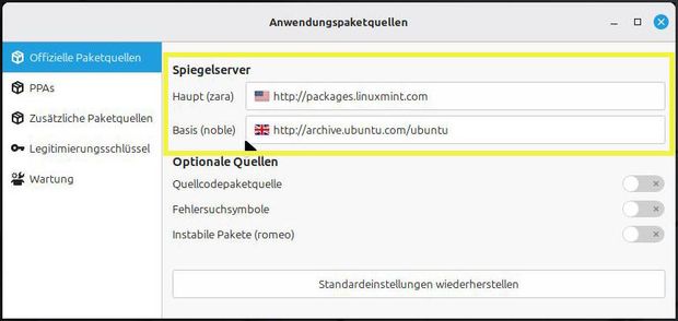Ansicht Fenster Systemeinstellungen Paketquellen: Spiegelserver gelb markiert