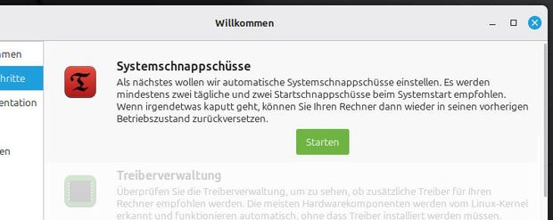 Ansicht Ausschnitt Willkommensbildschirm: Systemschnappschüsse