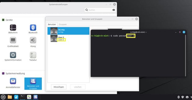 Ansicht GUI und Terminal Änderung des Passwortes