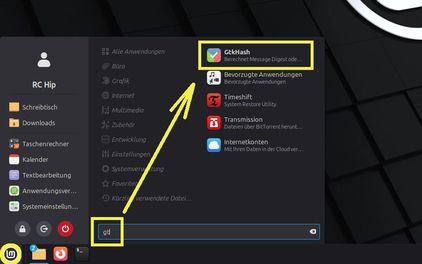 Ansicht geöffnetes Menü mit Pfeilen vom LM-Icon > Suchfeld mit "gt"-Eintrag > Ergebnis GtkHash; gelb markiert
