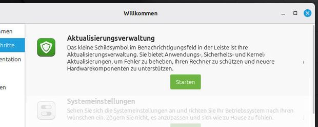 Ansicht Ausschnitt Willkommensbildschirm: Aktualisierungsverwaltung