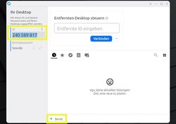 Ansicht Rustdesk-Fenster "ID" und "Bereit" gelb umrandet