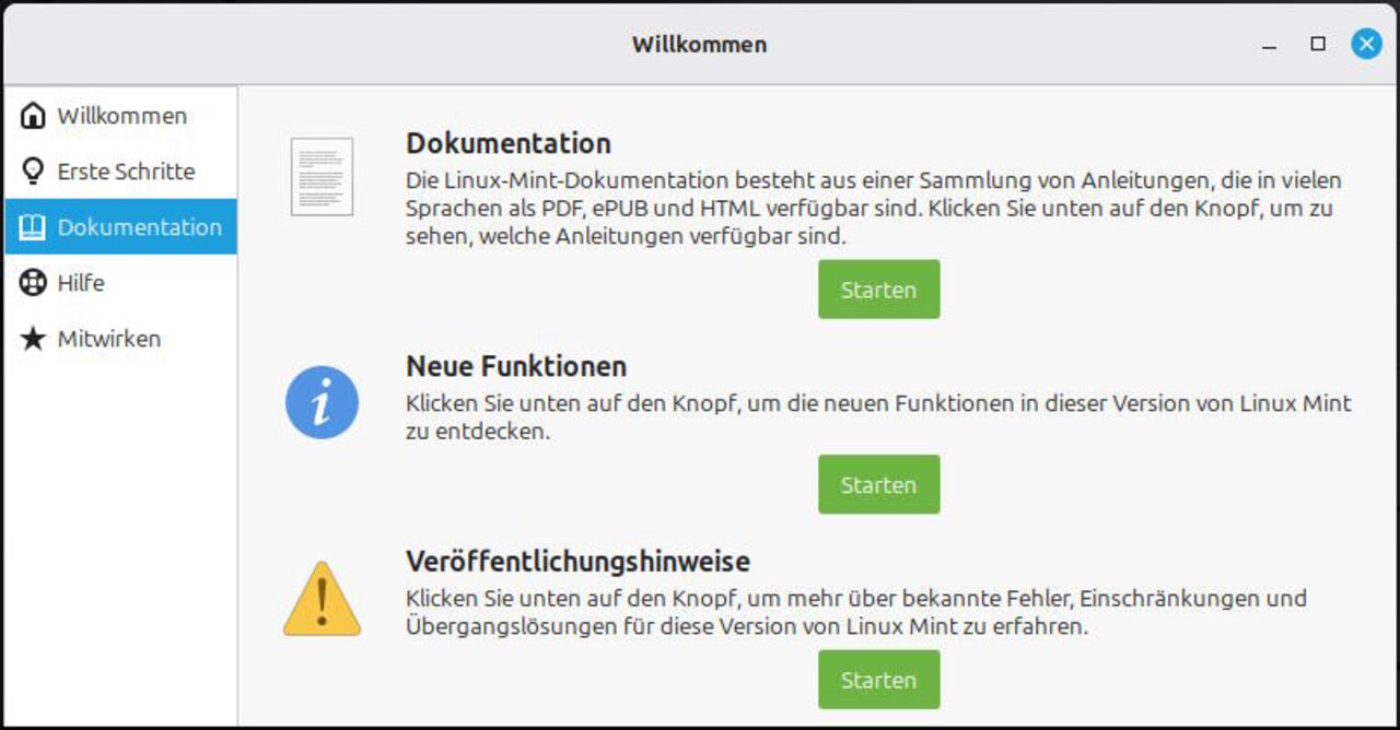 Ansicht Ausschnitt Willkommensbildschirm: Dokumentation