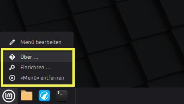 Ansicht geöffnetes Rechtsklick-Menü vom Menübutton. Die 3 Applet-Merkmale sind gelb umrandet.
