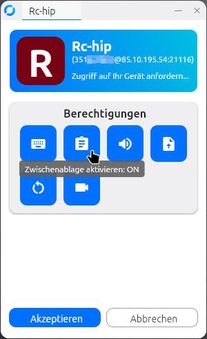 Rustdesk Berechtigungs-Fenster Button-2 gehovert