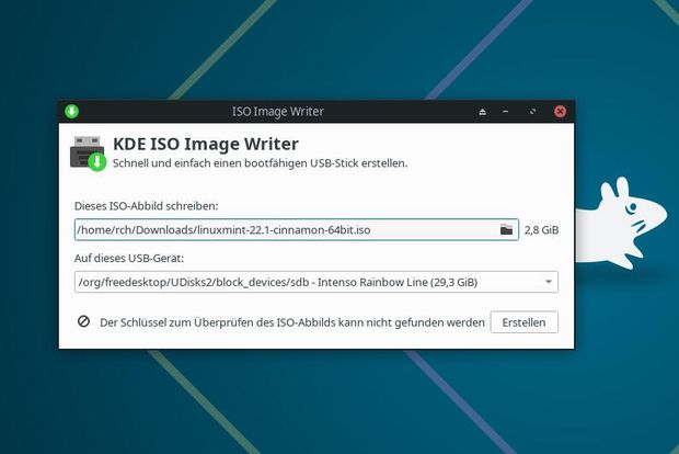 Ansicht Fenster KDE Iso Image Writer in Manjaro Desktop xfce