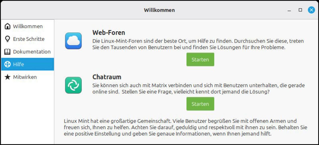 Ansicht Ausschnitt Willkommensbildschirm: Hilfe