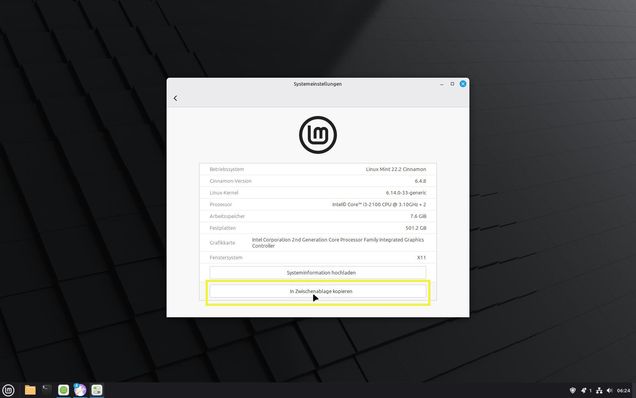 Linux MInt: Button "In Zwischenablage kopieren" gelb markiert