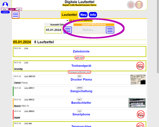 Ansicht LZ Tagesliste mit Moderatoren-Menü