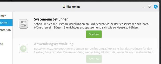 Ansicht Ausschnitt Willkommensbildschirm: Systemeinstellungen