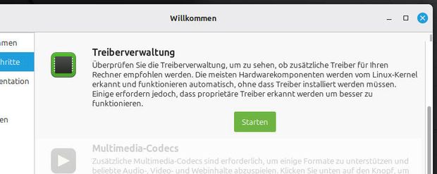 Ansicht Ausschnitt Willkommensbildschirm: Treiberverwaltung