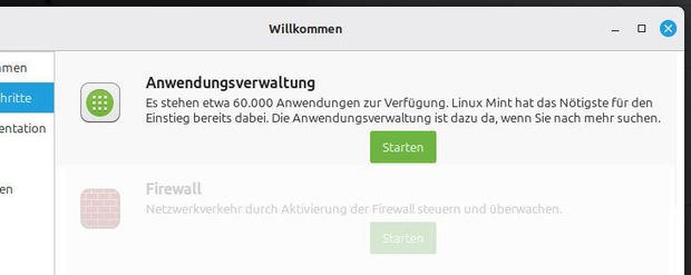 Ansicht Ausschnitt Willkommensbildschirm: Anwendungsverwaltung