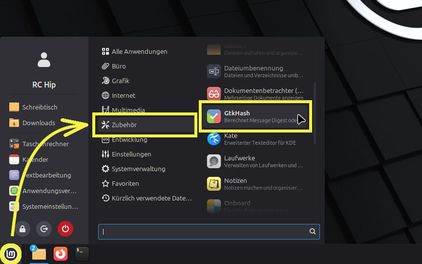 Ansicht geöffnetes Menü mit Pfeilen vom LM-Icon > Kategorie Zubehör > Software "GtkHash"; gelb markiert