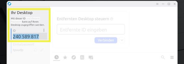 Ansicht Rustdesk Client Fokus "Ihr Desktop" gelb umrandet