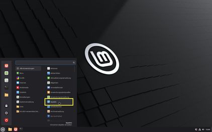 Ansicht Mint: Menü geöffnet, Menüpunkt Applet gelb markiert