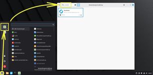 Ansicht Linux Mint Menü geöffnet plus geöffnetem Anwndungsfester, Schritte gelb markiert