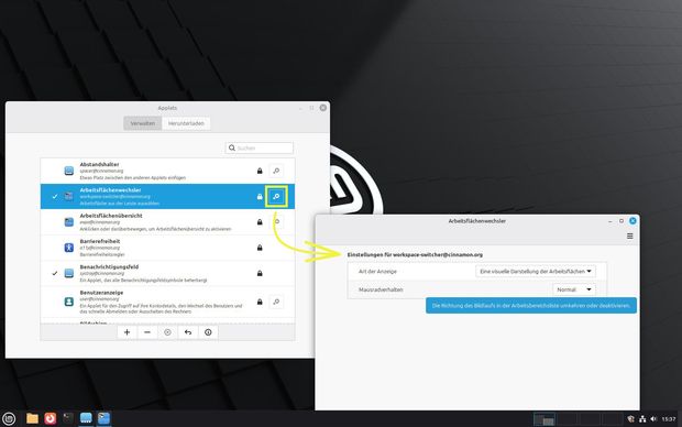Ansicht Applet workspace-switcher Fenster Einstellungen