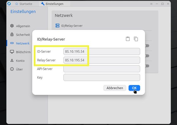 Ansicht Einstellungen Rustdesk ID-Server und Relay-Server gelb markiert