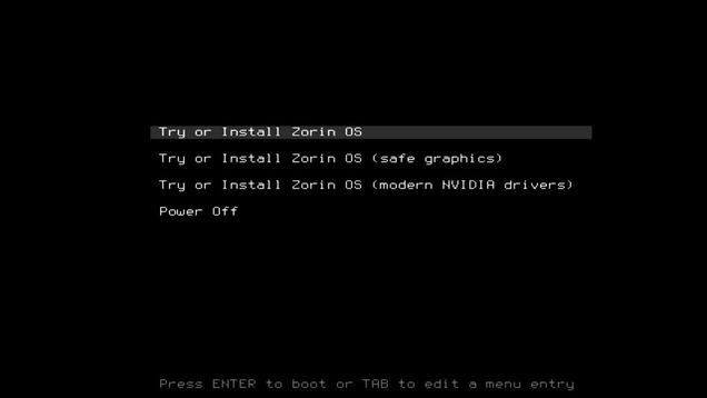Ansicht Bootloader Zorin OS mit nur 4 Auswahlmöglichkeiten