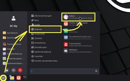 Ansicht geöffnetes Menü mit Pfeilen vom LM-Icon > Kategorie Internet > Software Browser; gelb markiert