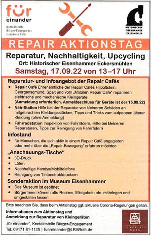 Wochenanzeiger 15.09.22: Aktionstag Reparatur Nachhaltigkeit & Co. Wochenanzeiger 15.09.22 Anzeige