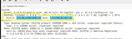 Ansicht Systeminformationen: "base", "Distro" und "Desktop" gelb markiert